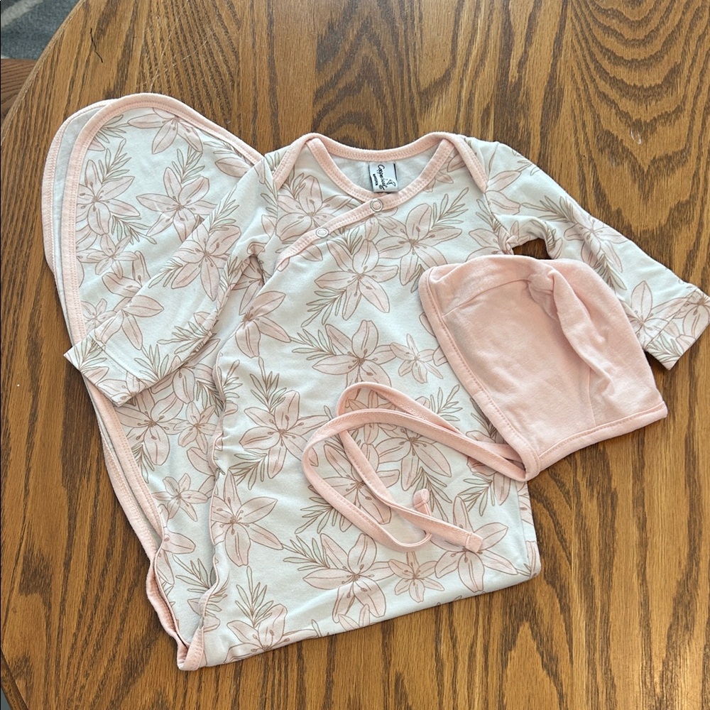 Copper Pearl NB swaddle gown and Bonnet